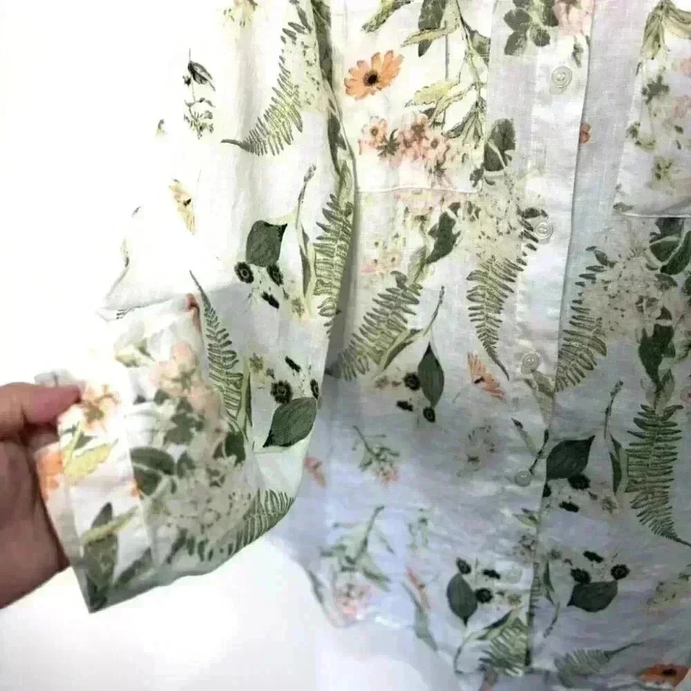 LORD & TAYLOR 100% Linen Floral Button Up Shirt Blouse Size  L or XL - Picture 5 of 6